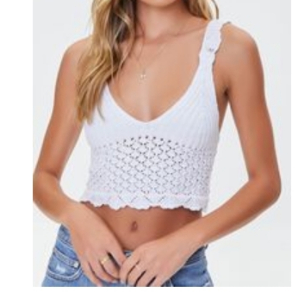 Forever21 Women's Summer, Vacation, Beach Pool, White Crotchet with Back Tie Top